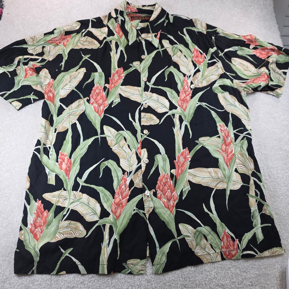 Tori Richard Shirt Mens XL Black Tropical Ginger Flower Viscose Button Up USA